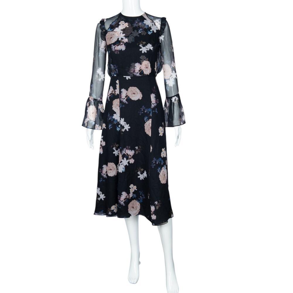 ERDEM Navy Silk Chiffon Floral Print Midi Dress Size 2